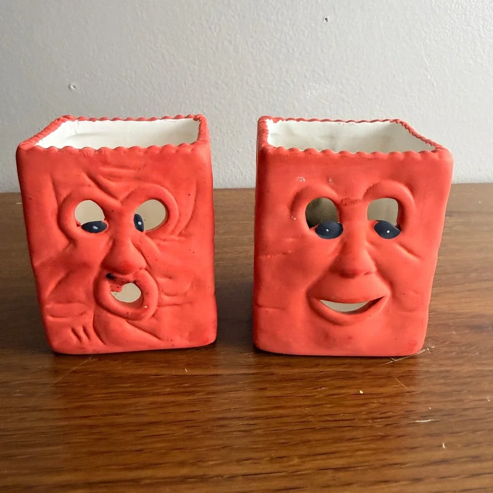 Vintage Garden Ridge Halloween Ceramic Face Votive Candle Holders Set of 2
